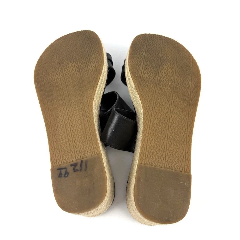 Michael Kors Jilly Espadrille Wedge 8.5 Black Leather Slip On Gold Logo Sandals